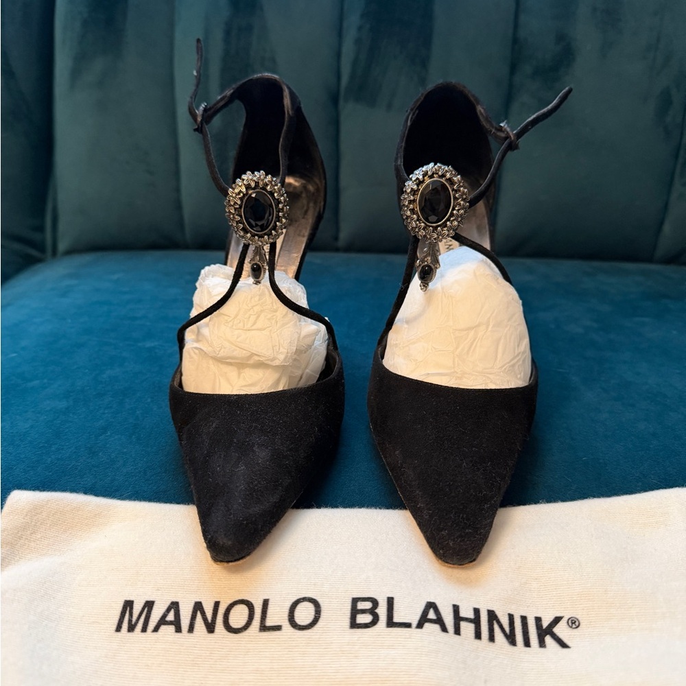 Manolo Blahnik Black Suede Heels with Embellished Buckle